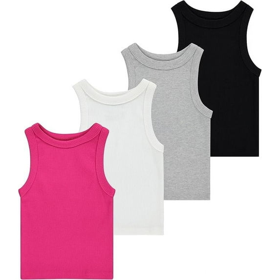 BTween Girls 4 Pack Ribbed Tank Tops Sleeveless Cotton Blend Tees for Everyday Wear, Layering, or Summer Outfits, Pink, 10