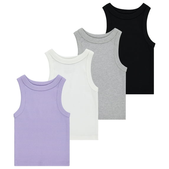 BTween Girls 4 Pack Ribbed Tank Tops Sleeveless Cotton Blend Tees for Everyday Wear, Layering, or Summer Outfits, Lavender, 7