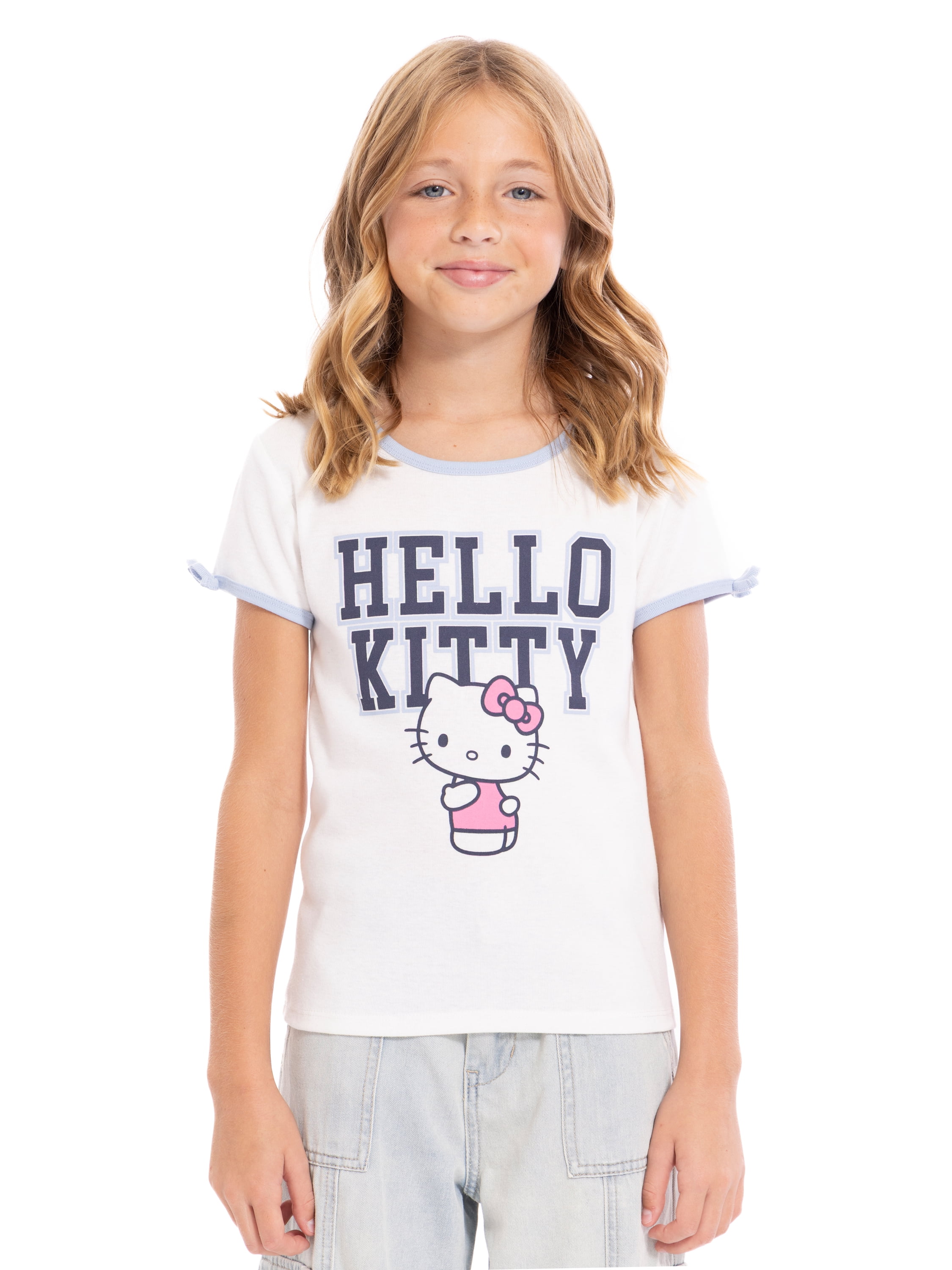 Hello Kitty Girls Bow Detail Graphic Tee with Short Sleeves, Sizes 4-16