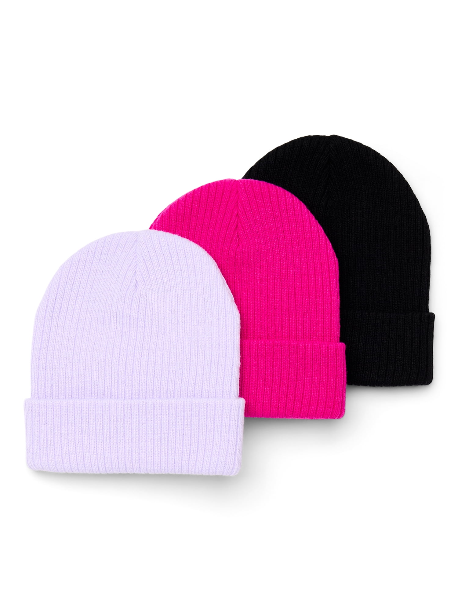 Wonder Nation Girls Ribbed Knit Beanie Hat, 3-Pack