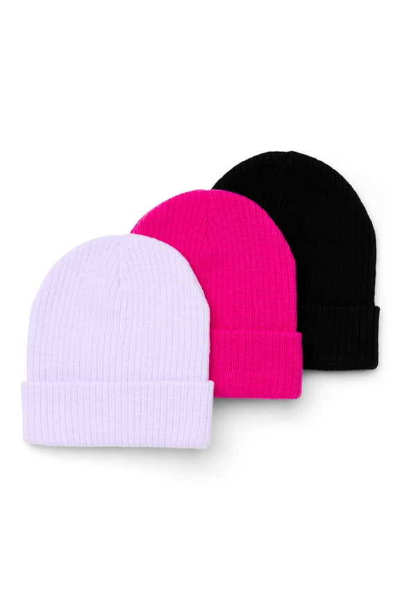 Girls Ribbed Knit Beanie Hat, 3-Pack