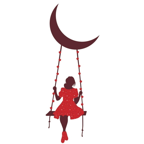 GIRLY - Multicolored Vinyl Art Young Girl Sitting On A Moon Crescent Swing Decoration Silhouette Design Home Living Room Wall Decal - Kids Girls Bedroom Floral Dress Wall Sticker 4" x 10"