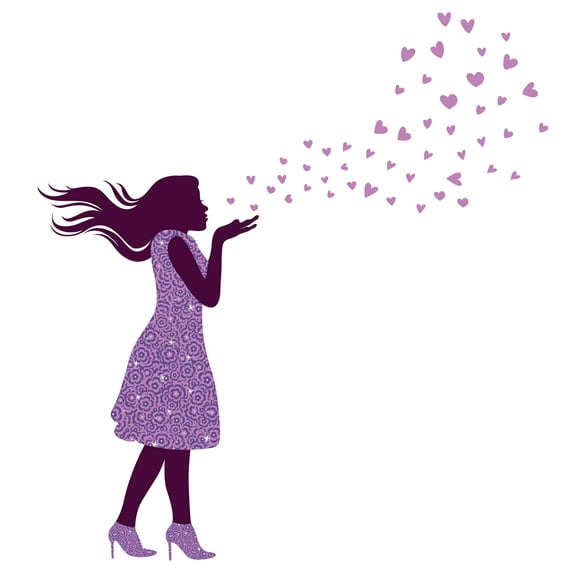 GIRLY - Vinyl Mural Art Purple Themed Decoration Girl Silhouette Flying Kiss Design Kids Girls Nursery Bedroom Wall Decal - Adhesive Home Living Room Flying Hearts Wall Sticker 36" x 40"