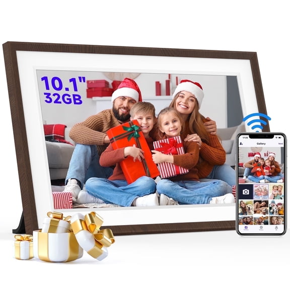 GIROOL Digital Picture Frame WiFi, 10.1" IPS Smart Touch Screen, 32GB Memory, Share Anywhere via Uhale App, Perfect Gift! Woodgrain White