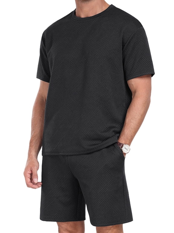 Mens 2 Piece Outfit Summer Vacation Beach Set Casual Short Sleeve Shirt and Shorts for Men Black 2XL