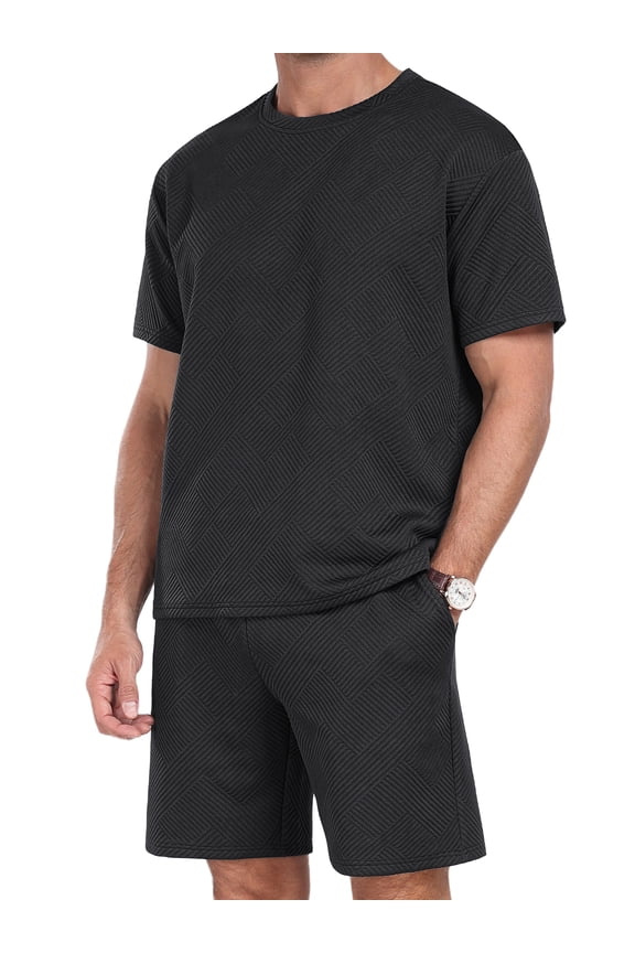 Mens 2 Piece Outfit Summer Vacation Beach Set Casual Short Sleeve Shirt and Shorts for Men Black L