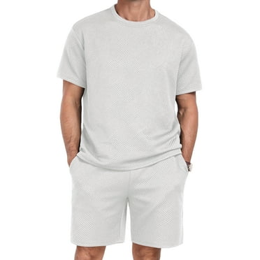 GIRUNS Men's 2 Piece Outfits Short Sleeve and Shorts Summer Beach Sets Tracksuit Light Gray L