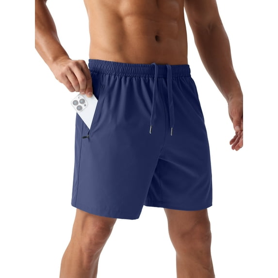 GIRUNS Men's Athletic Running Shorts Quick Dry with Zipper Pockets Workout Gym Basketball Shorts Dark Blue L