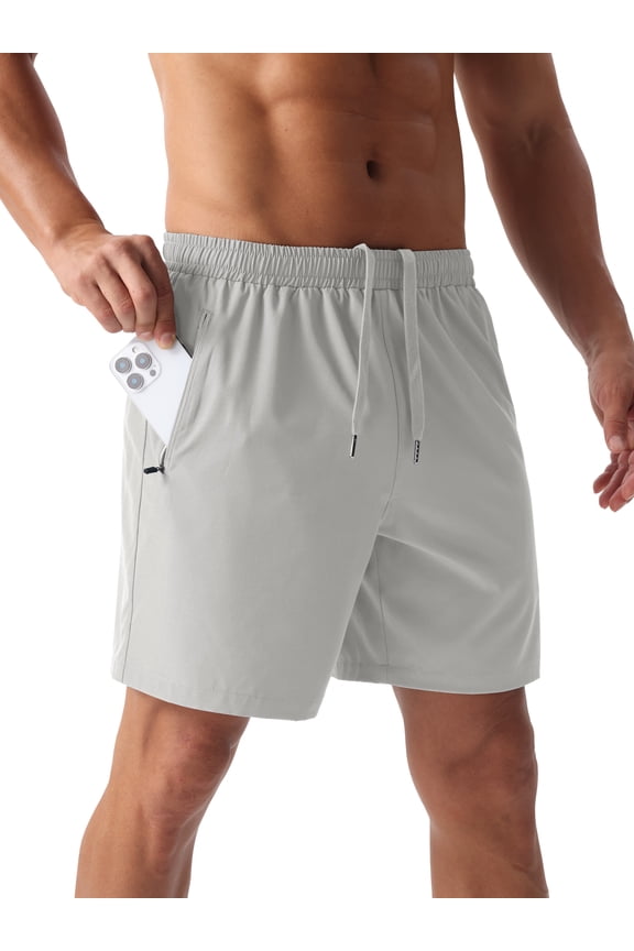 Men's Athletic Running Shorts Quick Dry with Zipper Pockets Workout Gym Basketball Shorts Gray White L