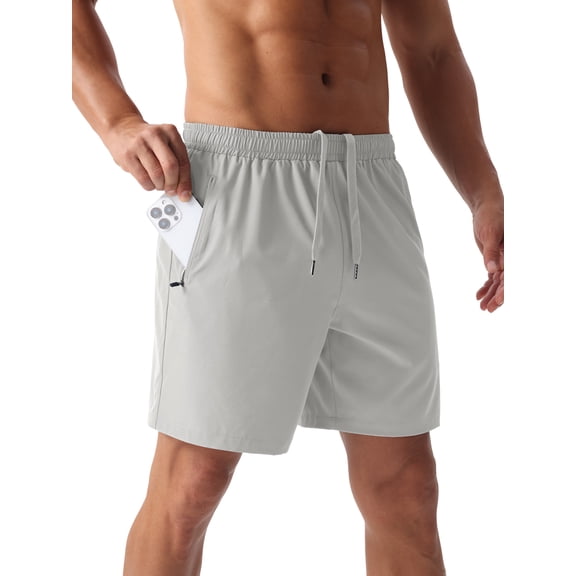 GIRUNS Men's Athletic Running Shorts Quick Dry with Zipper Pockets Workout Gym Basketball Shorts Gray White L