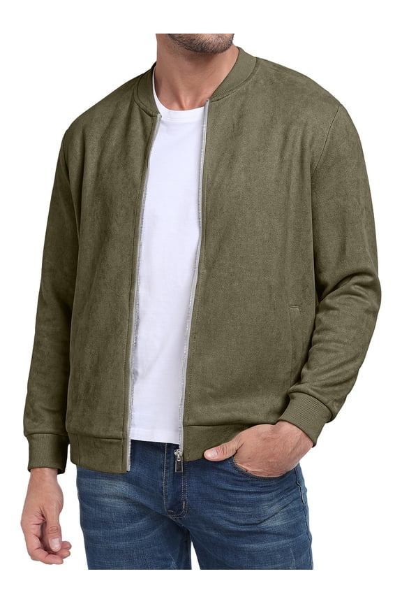 Men's Casual Varsity Jacket Vintage Suede Bomber Jackets Lightweight Outerwear Coat Army Green 2XL
