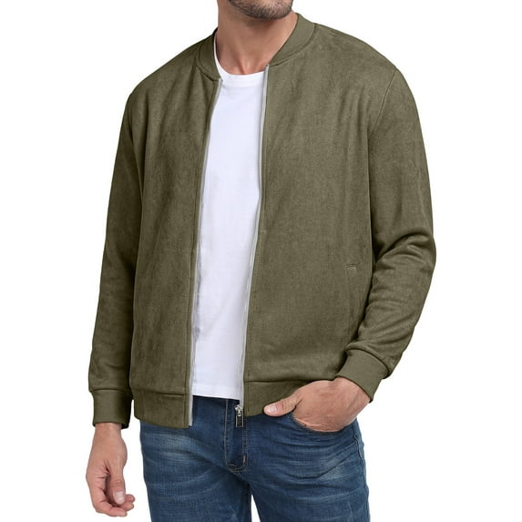 GIRUNS Men's Casual Varsity Jacket Vintage Suede Bomber Jackets Lightweight Outerwear Coat Army Green 2XL