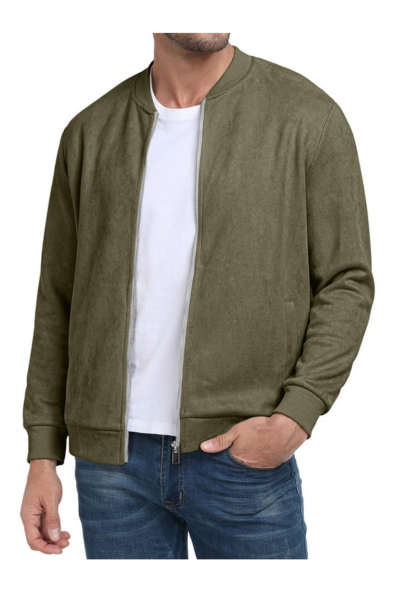 Men's Casual Varsity Jacket Vintage Suede Bomber Jackets Lightweight Outerwear Coat Army Green L