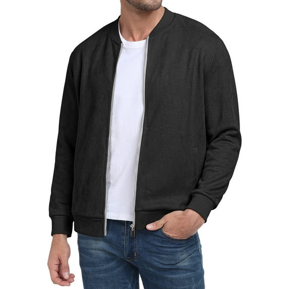 GIRUNS Men's Casual Varsity Jacket Vintage Suede Bomber Jackets Lightweight Outerwear Coat Black 2XL