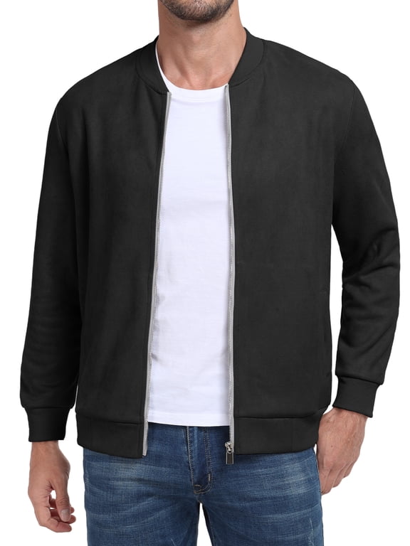 Men's Casual Varsity Jacket Vintage Suede Bomber Jackets Lightweight Outerwear Coat Black L