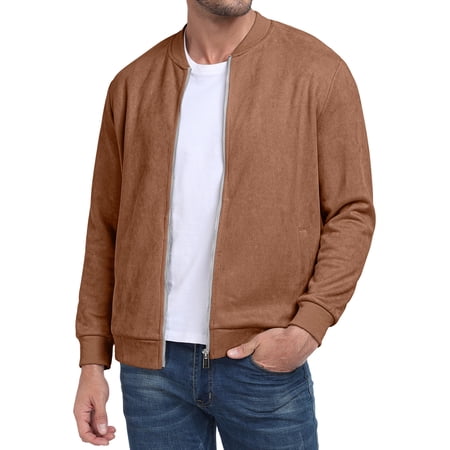 GIRUNS Men's Casual Varsity Jacket Vintage Suede Bomber Jackets Lightweight Outerwear Coat Brown L
