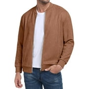GIRUNS Men's Casual Varsity Jacket Vintage Suede Bomber Jackets Lightweight Outerwear Coat Brown L