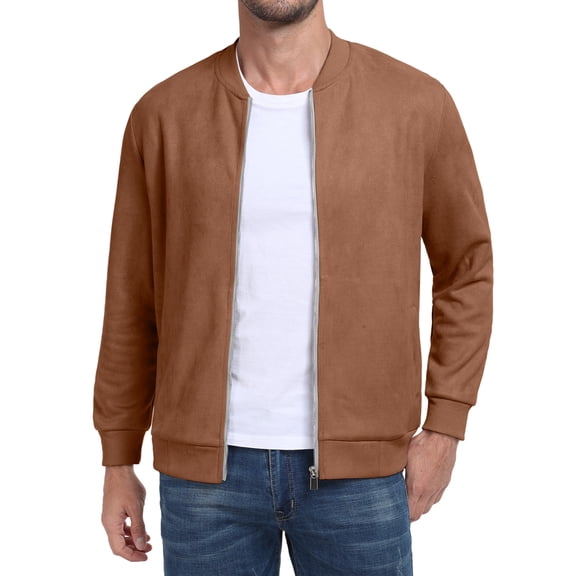 GIRUNS Men's Casual Varsity Jacket Vintage Suede Bomber Jackets Lightweight Outerwear Coat Brown L
