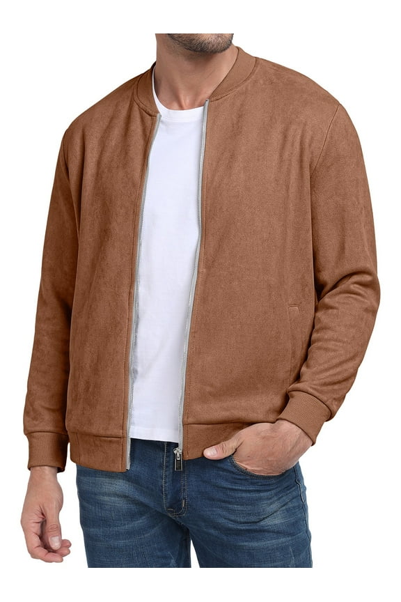 Men's Casual Varsity Jacket Vintage Suede Bomber Jackets Lightweight Outerwear Coat Brown S