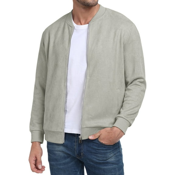 GIRUNS Men's Casual Varsity Jacket Vintage Suede Bomber Jackets Lightweight Outerwear Coat Grey L