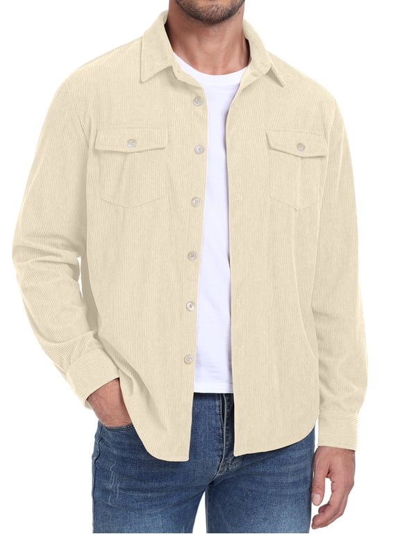 Men's Corduroy Jacket Long Sleeve Button Down Shirts Casual Shirt Jackets with Flap Pockets Apricot L