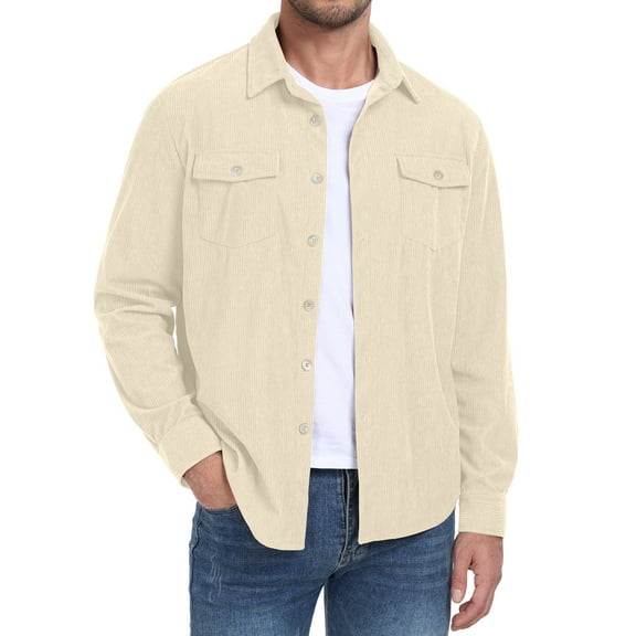GIRUNS Men's Corduroy Jacket Long Sleeve Button Down Shirts Casual Shirt Jackets with Flap Pockets Apricot L