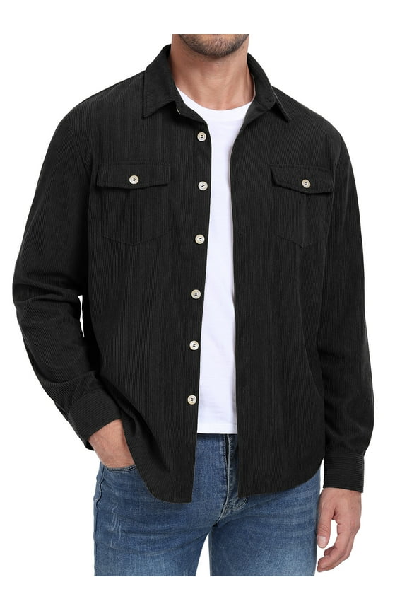 Men's Corduroy Jacket Long Sleeve Button Down Shirts Casual Shirt Jackets with Flap Pockets Black L