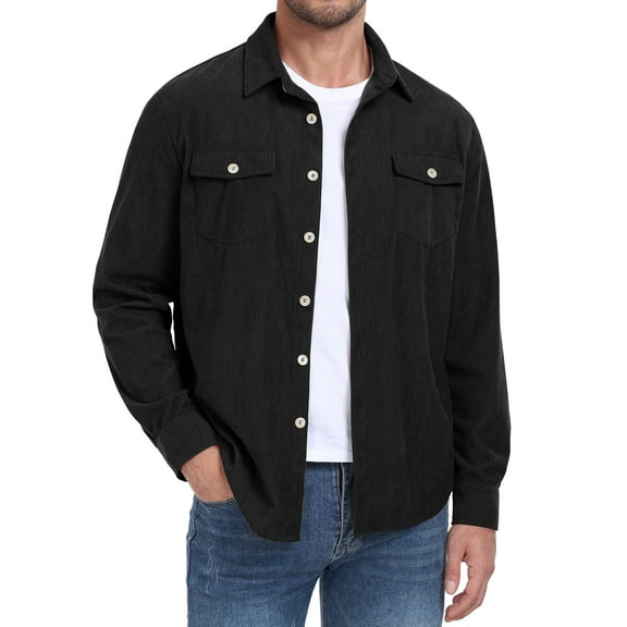 GIRUNS Men's Corduroy Jacket Long Sleeve Button Down Shirts Casual Shirt Jackets with Flap Pockets Black M