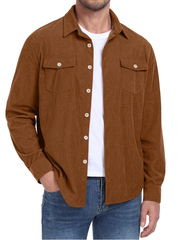 Men's Corduroy Jacket Long Sleeve Button Down Shirts Casual Shirt Jackets with Flap Pockets Brown L