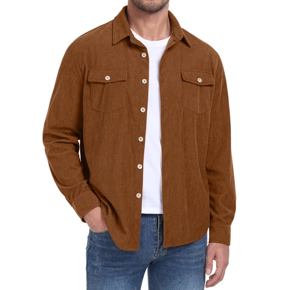 GIRUNS Men's Corduroy Jacket Long Sleeve Button Down Shirts Casual Shirt Jackets with Flap Pockets Brown 3XL
