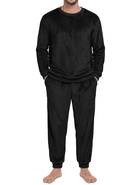 Men's Flannel Pajamas Set Long Sleeve Crew Neck Soft Warm Winter Sleepwear with Pockets Black L