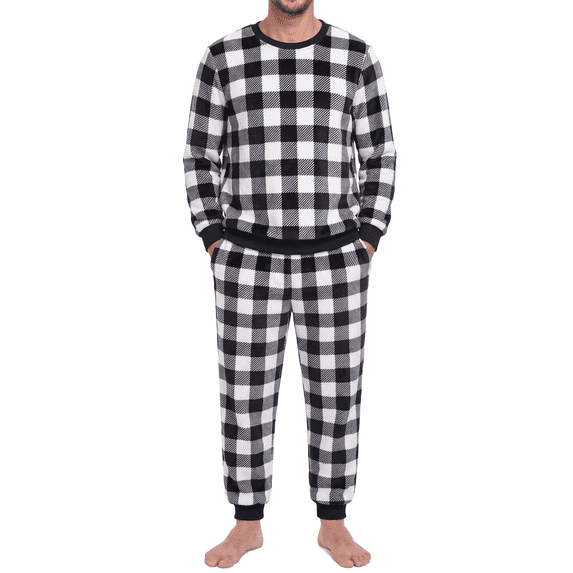 GIRUNS Men's Flannel Pajamas Set Long Sleeve Crew Neck Soft Warm Winter Sleepwear with Pockets Black Small Plaid XL