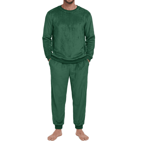 GIRUNS Men's Flannel Pajamas Set Long Sleeve Crew Neck Soft Warm Winter Sleepwear with Pockets Green S