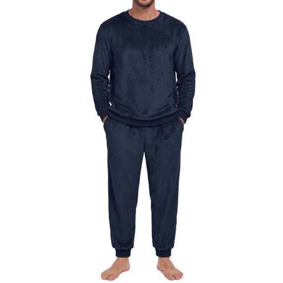 GIRUNS Men's Flannel Pajamas Set Long Sleeve Crew Neck Soft Warm Winter Sleepwear with Pockets Navy Blue L
