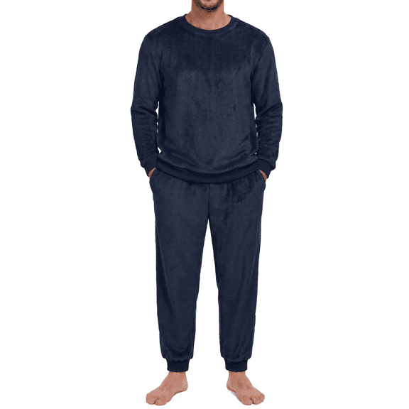 GIRUNS Men's Flannel Pajamas Set Long Sleeve Crew Neck Soft Warm Winter Sleepwear with Pockets Navy Blue L