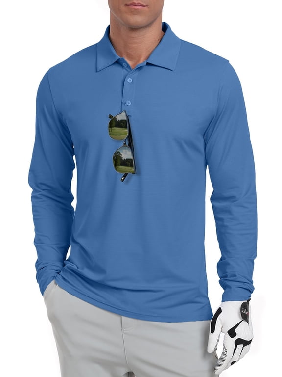 Men's Golf Polo Shirts Long Sleeve UPF 50+ Lightweight Summer Casual Quick Dry Tee Dark Blue L