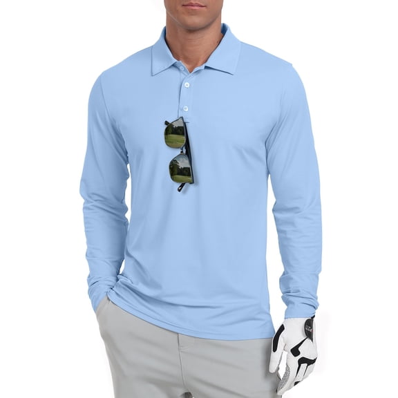 GIRUNS Men's Golf Polo Shirts Long Sleeve UPF 50+ Lightweight Summer Casual Quick Dry Tee Light Blue L