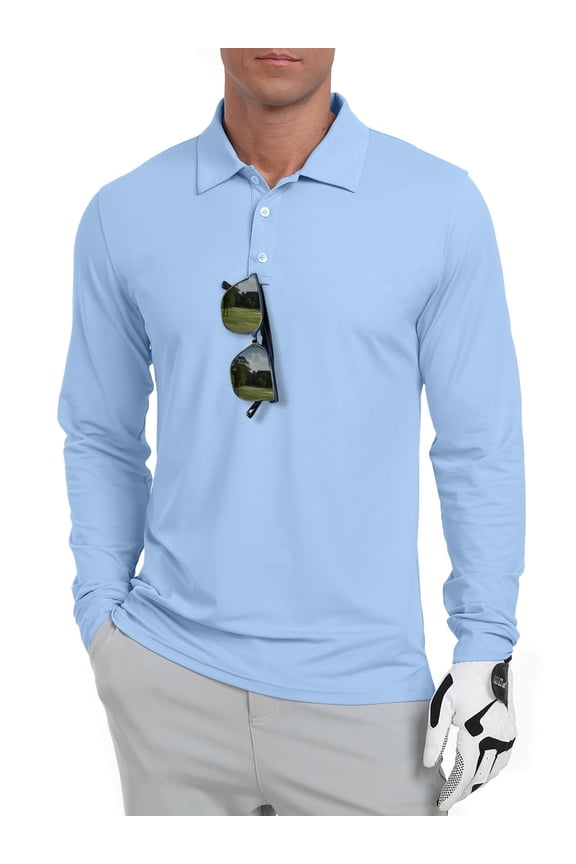 Men's Golf Polo Shirts Long Sleeve UPF 50+ Lightweight Summer Casual Quick Dry Tee Light Blue XL