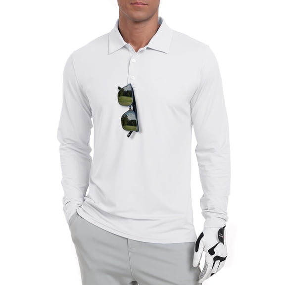 GIRUNS Men's Golf Polo Shirts Long Sleeve UPF 50  Lightweight Summer Casual Quick Dry Tee White L