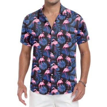 GIRUNS Men's Hawaiian Shirt Summer Button Down Short Sleeve Tropical Print Beach Vacation Shirt Black Flamingo L