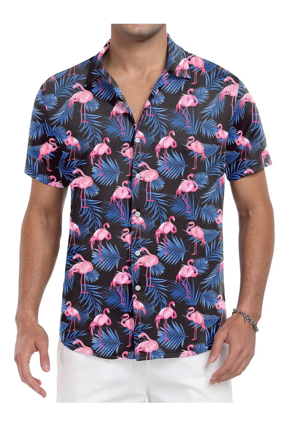 Mens Hawaiian Shirt Wrinkle Free Quick Dry Short Sleeve Button Down Tropical Print Vacation Beach Shirt Black Flamingo M