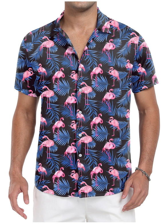 Mens Hawaiian Shirt Wrinkle Free Quick Dry Short Sleeve Button Down Tropical Print Vacation Beach Shirt Black Flamingo M