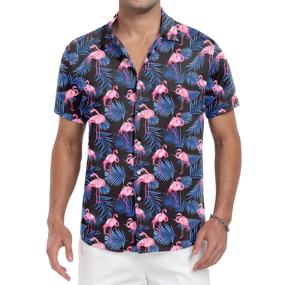 GIRUNS Mens Hawaiian Shirt Wrinkle Free Quick Dry Short Sleeve Button Down Tropical Print Vacation Beach Shirt Black Flamingo S