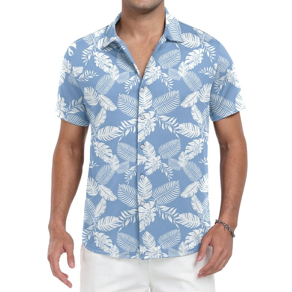 GIRUNS Mens Hawaiian Shirt Wrinkle Free Quick Dry Short Sleeve Button Down Tropical Print Vacation Beach Shirt Light Blue Palm Leaf M