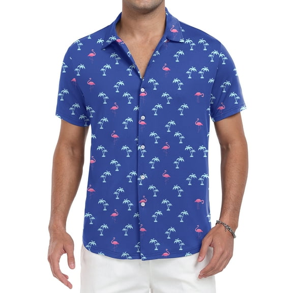 GIRUNS Mens Hawaiian Shirt Wrinkle Free Quick Dry Short Sleeve Button Down Tropical Print Vacation Beach Shirt Navy Cocos&Flamingo XL