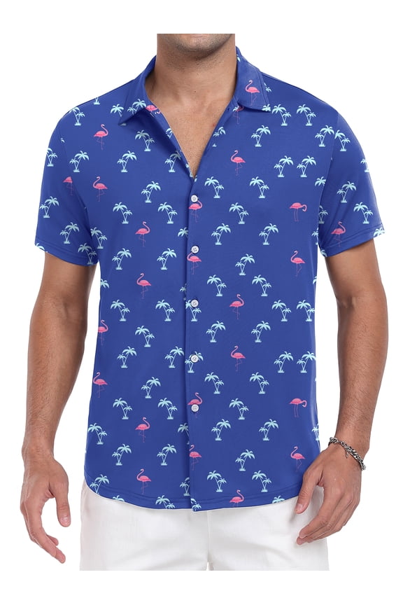 Mens Hawaiian Shirt Wrinkle Free Quick Dry Short Sleeve Button Down Tropical Print Vacation Beach Shirt Navy Cocos&Flamingo XL