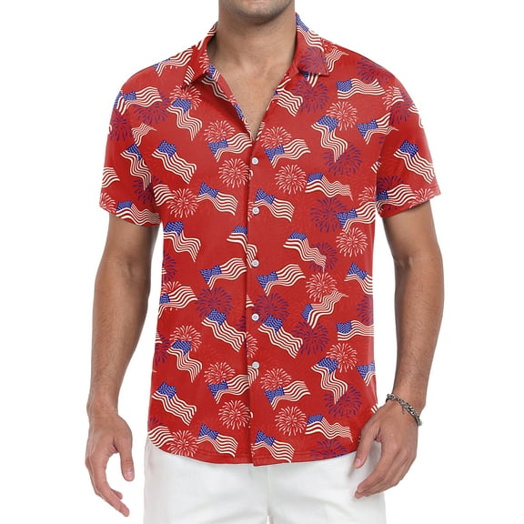 GIRUNS Mens Hawaiian Shirt Wrinkle Free Quick Dry Short Sleeve Button Down Tropical Print Vacation Beach Shirt Red Flag M