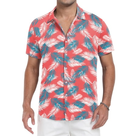 GIRUNS Mens Hawaiian Shirt Wrinkle Free Quick Dry Short Sleeve Button Down Tropical Print Vacation Beach Shirt Red Palm Leaf M