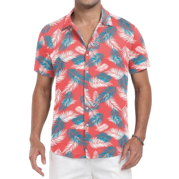 GIRUNS Mens Hawaiian Shirt Wrinkle Free Quick Dry Short Sleeve Button Down Tropical Print Vacation Beach Shirt Red Palm Leaf M