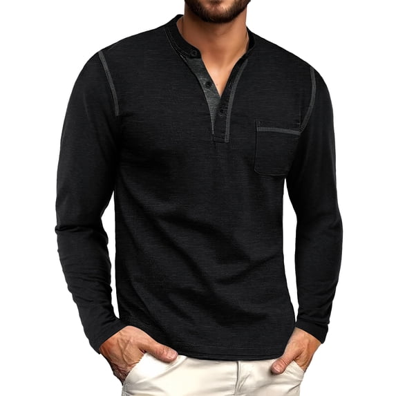 GIRUNS Men's Henley Shirts Long Sleeve Button T-Shirt Casual Stylish Cotton Pullover Shirt with Pocket Black S